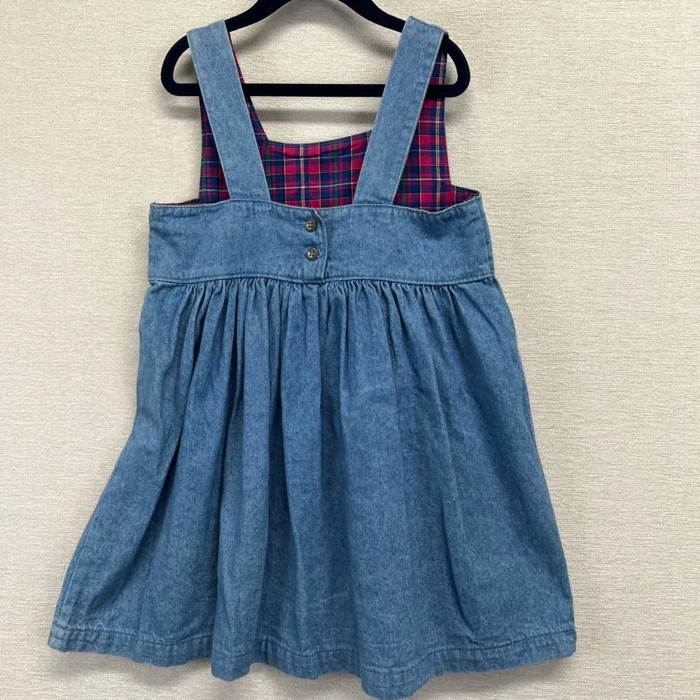 Vintage 90s Oshkosh B'gosh Girls Denim Heart Plaid Pinafore Jumper Dress Size 6